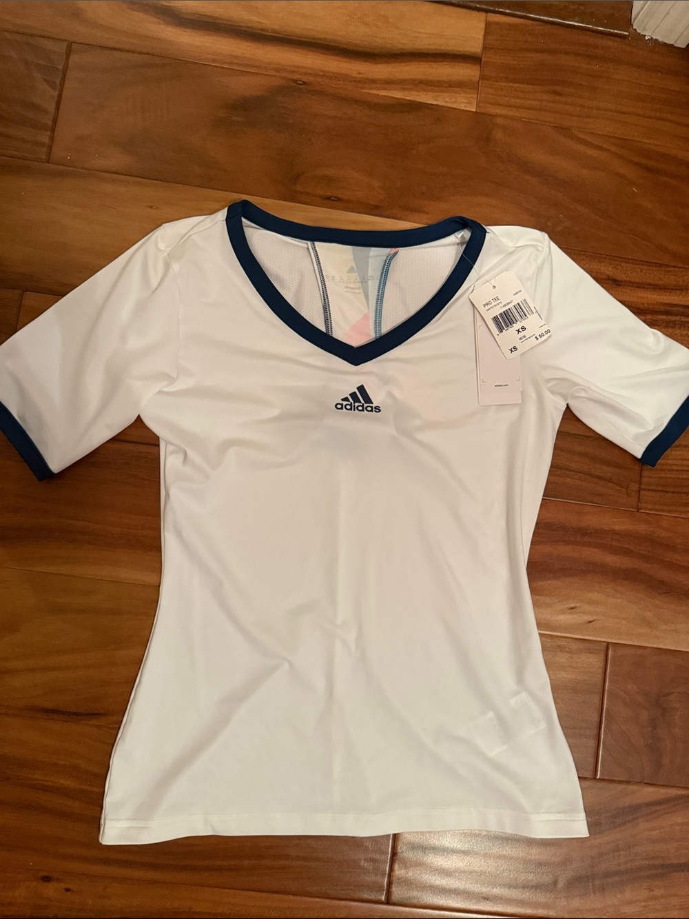 Adidas White V‑Neck Tee with Navy Trim
